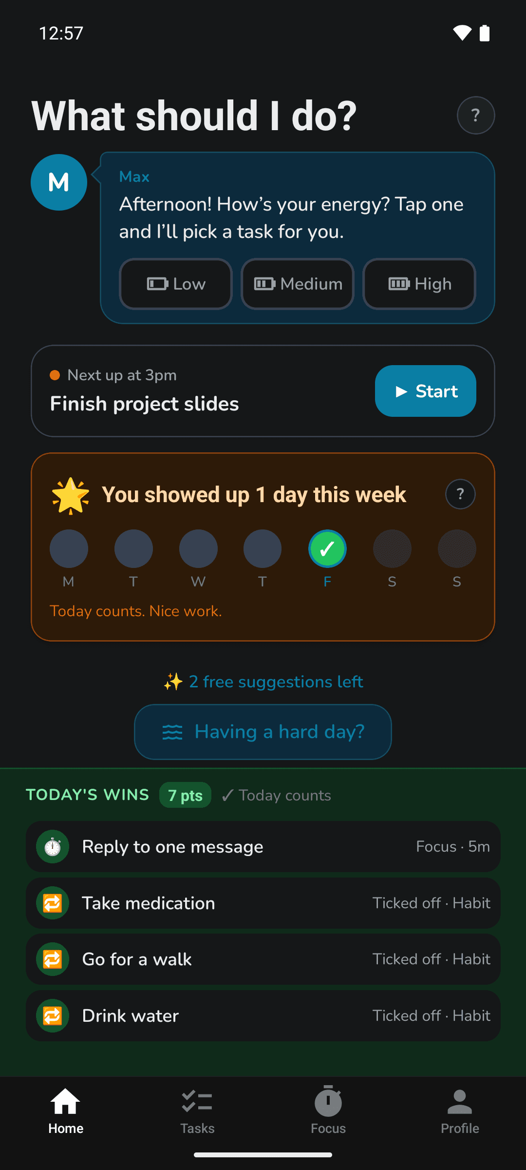 Nudge home screen showing your helper, next task and this week
