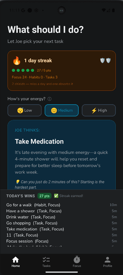 Nudge home screen showing next task, streak and shields