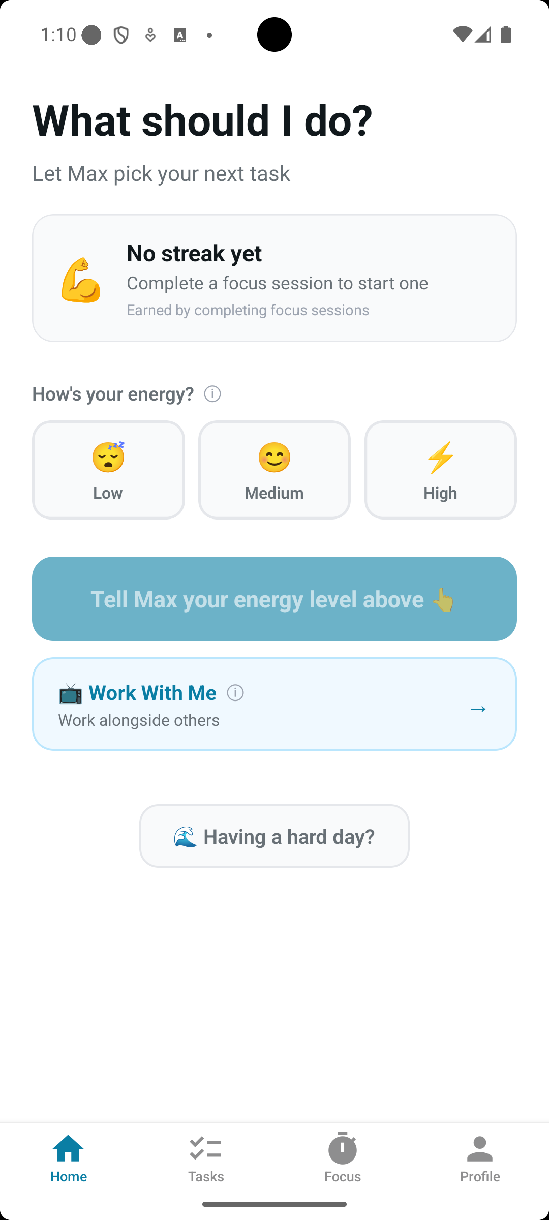 Nudge home screen showing streak and tasks